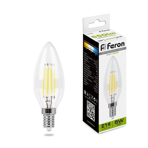 Лампа FERON светодиодная LB-58 4LED/5W 230V E14 4000K филамент свеча