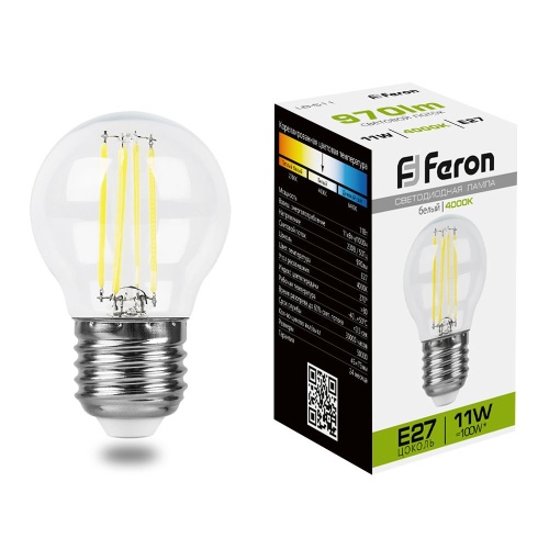 Лампа FERON светодиодная LB-511 11W 230v E27 4000K G45 fil