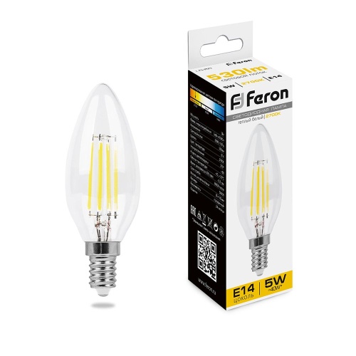 Лампа FERON светодиодная LB-58 5W E14 2700K филамент свеча