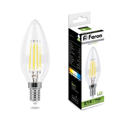 Лампа FERON светодиодная LB-66 4LED/7W 230V E14 4000K филамент свеча