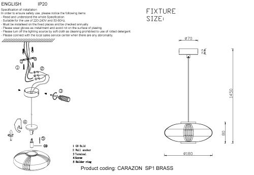 Светильник подвесной Crystal Lux CARAZON  SP1 BRASS