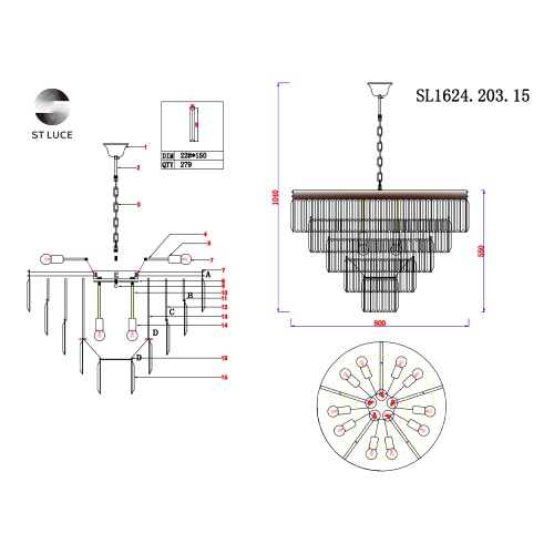 SL1624.203.15 Люстра подвесная ST-Luce шампань/прозрачный E14 15*40W ERCOLANO